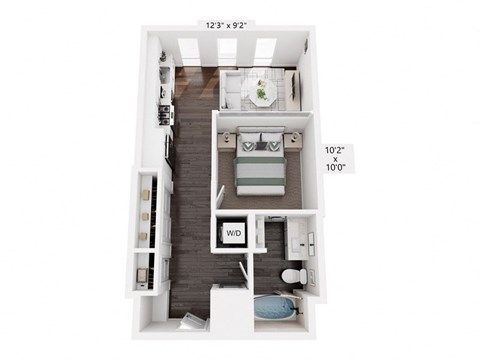 A floor plan of a small apartment with a kitchen, living room, and bathroom.